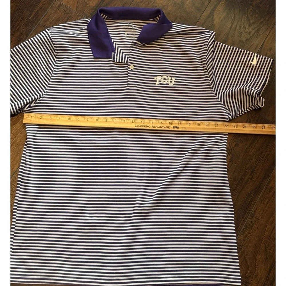 Nike TCU Golf Dri-FIT Mens X-Large Purple White Stripe Polo Shirt XL Horned Frog